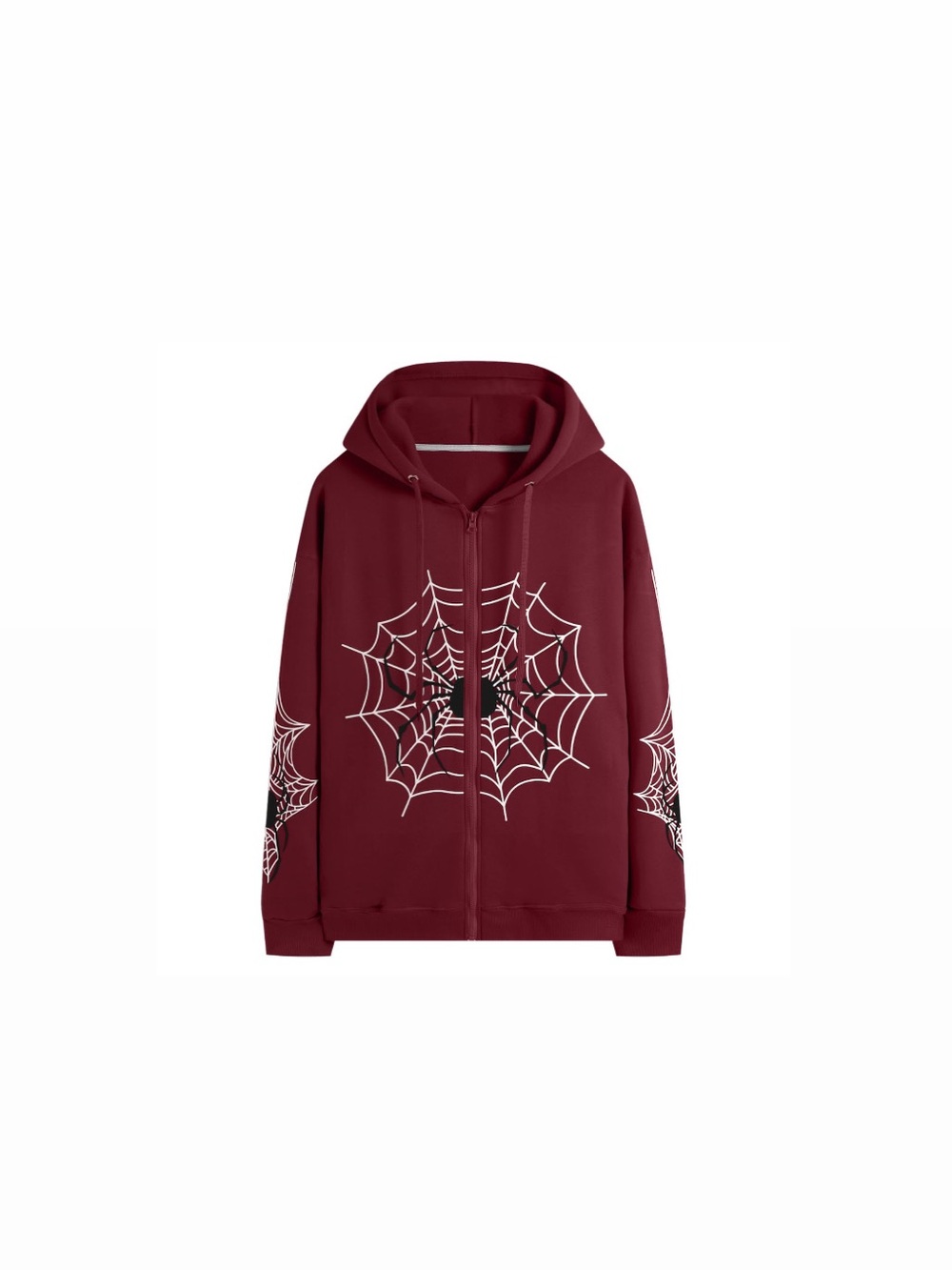 Burgundy Spider Web Zip-Up Halloween Fall Hooded Jacket